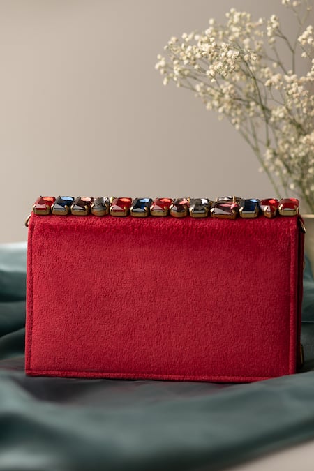 Shop Bhavna Kumar Red Crystals, Rhinestones Bejeweled Clutch With Sling Handle at Aza Fashions Shop_Bhavna Kumar_Red Crystals, Rhinestones Bejeweled Clutch With Sling Handle_at_Aza_Fashions