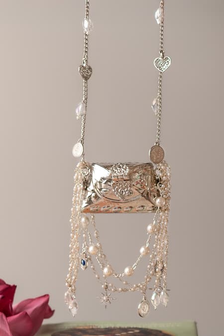 Bhavna Kumar_Silver Pearls, Chains Designer Microbag With Charms _Online_at_Aza_Fashions