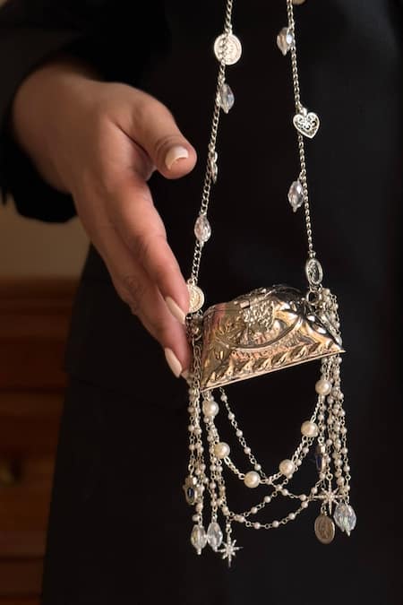 Buy_Bhavna Kumar_Silver Pearls, Chains Designer Microbag With Charms _Online_at_Aza_Fashions