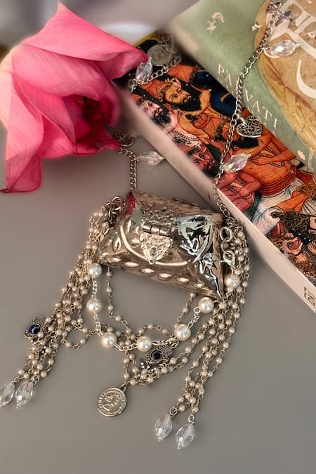 Shop_Bhavna Kumar_Silver Pearls, Chains Designer Microbag With Charms _Online_at_Aza_Fashions