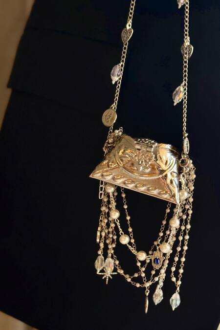 Bhavna Kumar_Silver Pearls, Chains Designer Microbag With Charms _at_Aza_Fashions
