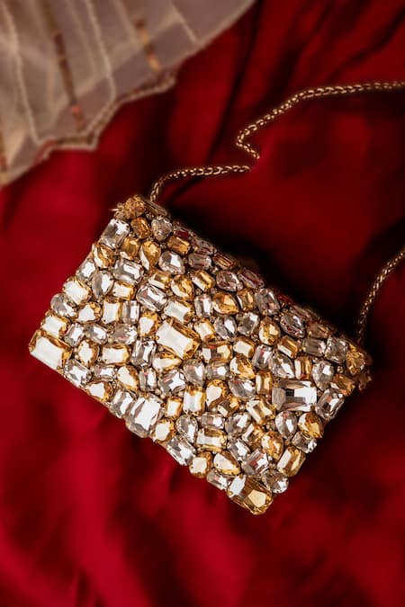Bhavna Kumar_Gold Crystals, Rhinestones Bejeweled Clutch_Online_at_Aza_Fashions