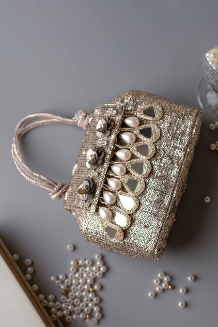 Bhavna Kumar_Gold Embroidery, Pearls Embellished Tote Bag With Floral Accents_Online_at_Aza_Fashions