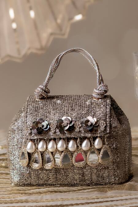 Buy_Bhavna Kumar_Gold Embroidery, Pearls Embellished Tote Bag With Floral Accents_Online_at_Aza_Fashions