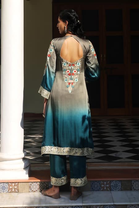 Shop_Angad Creations_Blue Embroidery Round Neck Ombre Kurta Set _at_Aza_Fashions