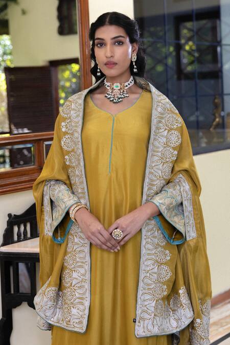 Buy_Angad Creations_Mustard Crepe Embroidery Round Neck Silk Kurta Set With Cape _Online_at_Aza_Fashions