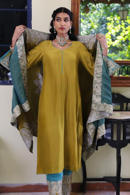 Shop_Angad Creations_Mustard Crepe Embroidery Round Neck Silk Kurta Set With Cape _at_Aza_Fashions