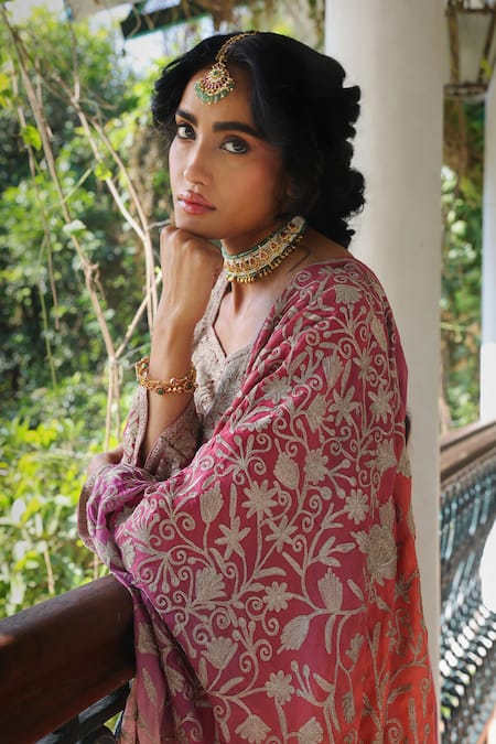 Shop_Angad Creations_Pink Embroidery Round Neck Semi Hand Tilla Thread Kurta Set _Online_at_Aza_Fashions