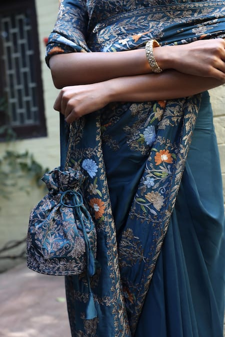 Buy Angad Creations Peach Crepe Embroidery Round Neck Peacock Blue Designer Saree Set Online at Aza Fashions Buy_Angad Creations_Peach Crepe Embroidery Round Neck Peacock Blue Designer Saree Set _Online_at_Aza_Fashions