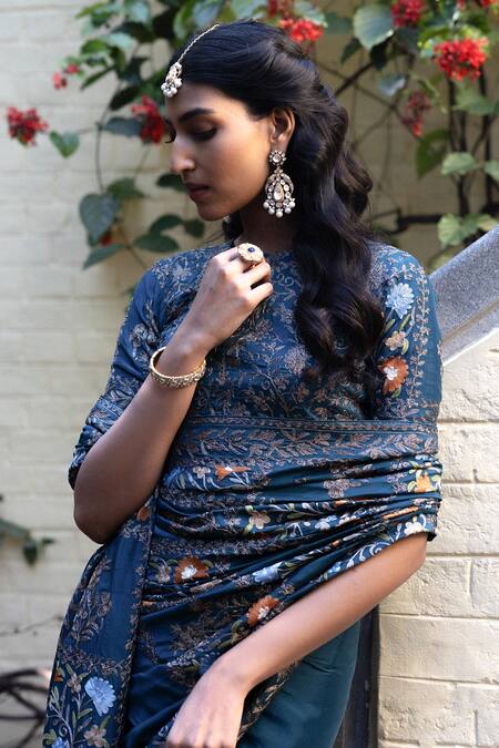 Angad Creations Peach Crepe Embroidery Round Neck Peacock Blue Designer Saree Set at Aza Fashions Angad Creations_Peach Crepe Embroidery Round Neck Peacock Blue Designer Saree Set _at_Aza_Fashions