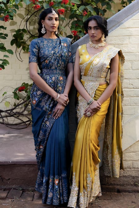 Shop Angad Creations Peach Crepe Embroidery Round Neck Peacock Blue Designer Saree Set at Aza Fashions Shop_Angad Creations_Peach Crepe Embroidery Round Neck Peacock Blue Designer Saree Set _at_Aza_Fashions