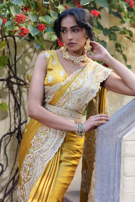 Angad Creations_Mustard Satin Embroidery V-neck Saree And Blouse Set _Online_at_Aza_Fashions
