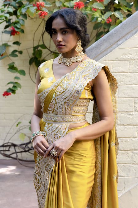 Buy_Angad Creations_Mustard Satin Embroidery V-neck Saree And Blouse Set _Online_at_Aza_Fashions