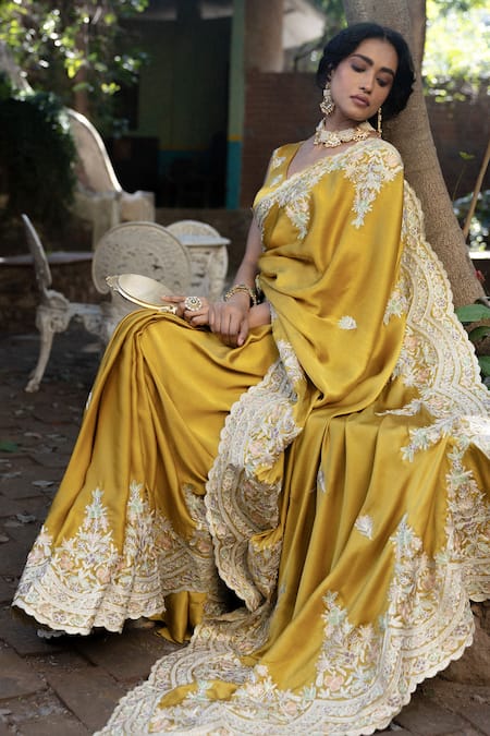 Shop_Angad Creations_Mustard Satin Embroidery V-neck Saree And Blouse Set _at_Aza_Fashions