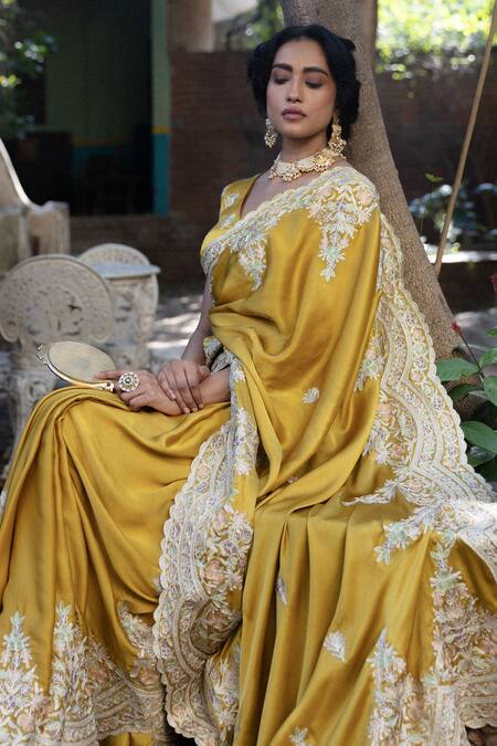 Shop_Angad Creations_Mustard Satin Embroidery V-neck Saree And Blouse Set _Online_at_Aza_Fashions