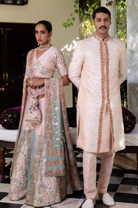 Shop_Angad Creations_Green Embroidery, Sequins V-neck Lehenga Set _Online_at_Aza_Fashions