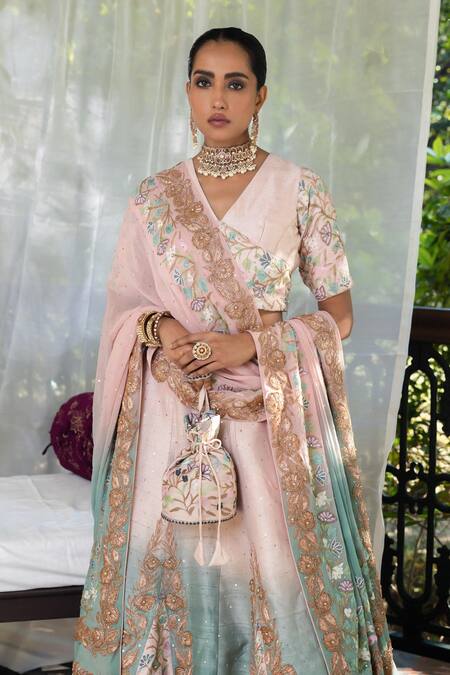 Angad Creations_Green Embroidery, Sequins V-neck Lehenga Set _at_Aza_Fashions