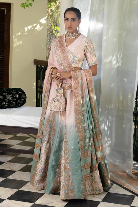 Shop_Angad Creations_Green Embroidery, Sequins V-neck Lehenga Set _at_Aza_Fashions