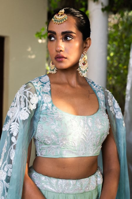 Angad Creations_Blue Silk Embroidery, Sequins Round Neck Semi Hand Tilla Work Lehenga Set _Online_at_Aza_Fashions