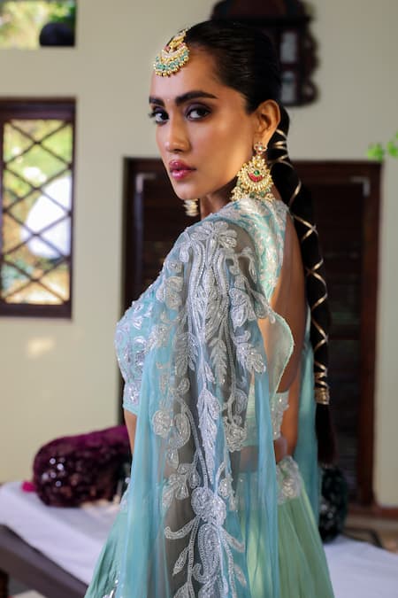 Shop_Angad Creations_Blue Silk Embroidery, Sequins Round Neck Semi Hand Tilla Work Lehenga Set _Online_at_Aza_Fashions