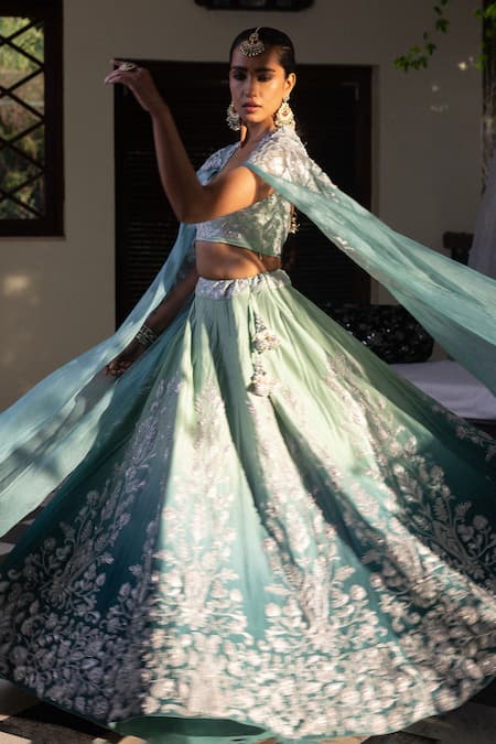Shop_Angad Creations_Blue Silk Embroidery, Sequins Round Neck Semi Hand Tilla Work Lehenga Set _at_Aza_Fashions