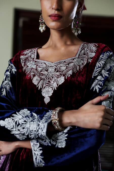 Shop_Angad Creations_Maroon Embroidery Square Neck Velvet Kurta Set In And Blue _Online_at_Aza_Fashions