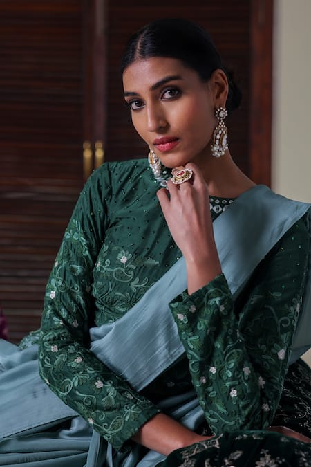 Angad Creations_Blue Crepe, Silk Embroidery, Sequins, Designer And Green Pre-draped Saree Set _Online_at_Aza_Fashions