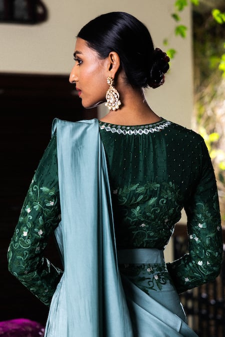 Shop_Angad Creations_Blue Crepe, Silk Embroidery, Sequins, Designer And Green Pre-draped Saree Set _at_Aza_Fashions