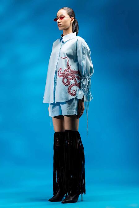 Angsa By Nidhir & Shelly_Sky Blue Cotton Embroidery Collared Relax Fit Shirt _Online_at_Aza_Fashions