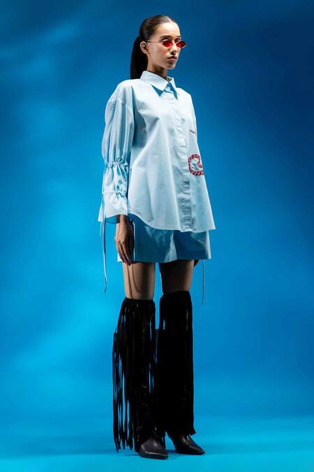 Buy_Angsa By Nidhir & Shelly_Sky Blue Cotton Embroidery Collared Relax Fit Shirt _Online_at_Aza_Fashions