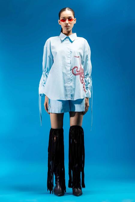 Shop_Angsa By Nidhir & Shelly_Sky Blue Cotton Embroidery Collared Relax Fit Shirt _Online_at_Aza_Fashions