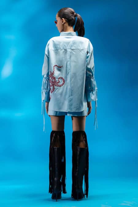 Angsa By Nidhir & Shelly Sky Blue Relax Fit Embroidered Shirt 