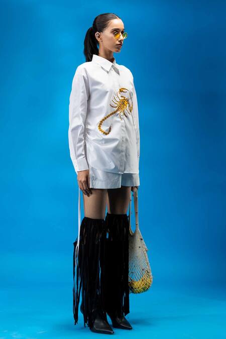 Buy_Angsa By Nidhir & Shelly_White Cotton Chains, Embroidery Collared Embellished Scorpion Shirt _Online_at_Aza_Fashions