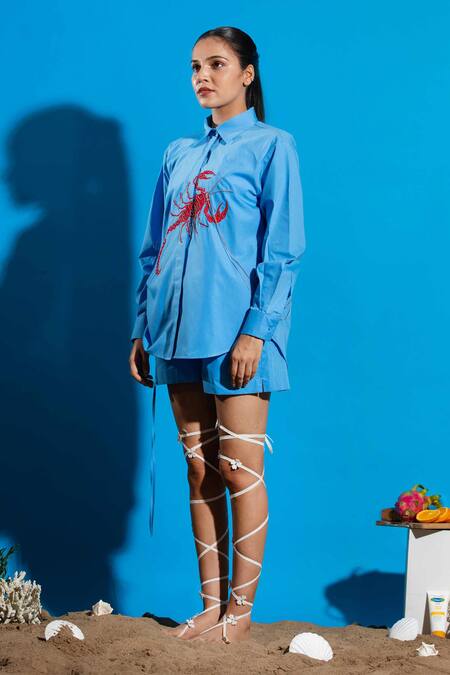 Buy_Angsa By Nidhir & Shelly_Blue Cotton Chains, Embroidery Collared Embellished Shirt _Online_at_Aza_Fashions