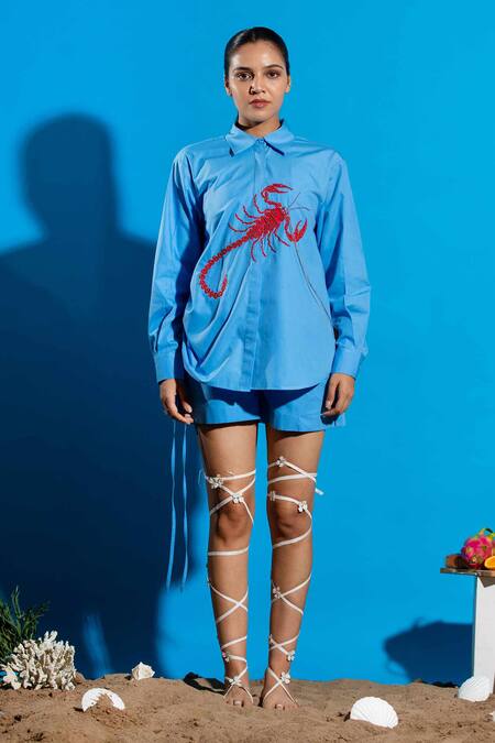 Shop_Angsa By Nidhir & Shelly_Blue Cotton Chains, Embroidery Collared Embellished Shirt _Online_at_Aza_Fashions