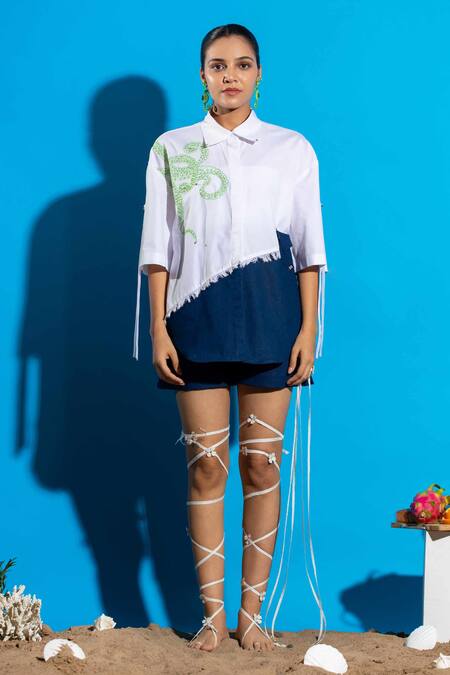 Shop_Angsa By Nidhir & Shelly_White Cotton, Denim Embroidery Collared Relax Fit Shirt With Hem _Online_at_Aza_Fashions