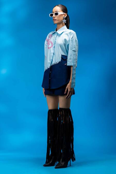 Angsa By Nidhir & Shelly_Sky Blue Cotton, Denim Embroidery Collared Relax Fit Hand Shirt _Online_at_Aza_Fashions