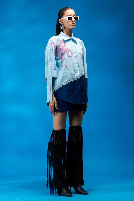 Buy_Angsa By Nidhir & Shelly_Sky Blue Cotton, Denim Embroidery Collared Relax Fit Hand Shirt _Online_at_Aza_Fashions