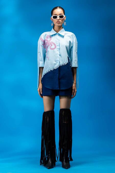 Shop_Angsa By Nidhir & Shelly_Sky Blue Cotton, Denim Embroidery Collared Relax Fit Hand Shirt _Online_at_Aza_Fashions