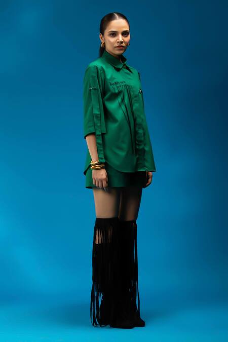 Buy Angsa By Nidhir & Shelly Green Cotton Embroidery Collared Embellished Shirt Online at Aza Fashions Buy_Angsa By Nidhir & Shelly_Green Cotton Embroidery Collared Embellished Shirt _Online_at_Aza_Fashions