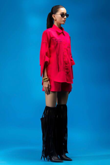 Angsa By Nidhir & Shelly_Magenta Cotton Embroidery Collared Shirt With Embellishments _Online_at_Aza_Fashions