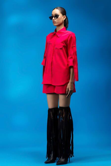 Buy_Angsa By Nidhir & Shelly_Magenta Cotton Embroidery Collared Shirt With Embellishments _Online_at_Aza_Fashions