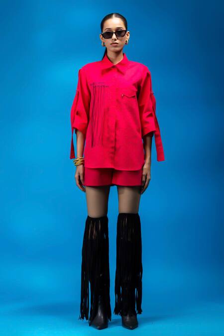 Shop_Angsa By Nidhir & Shelly_Magenta Cotton Embroidery Collared Shirt With Embellishments _Online_at_Aza_Fashions