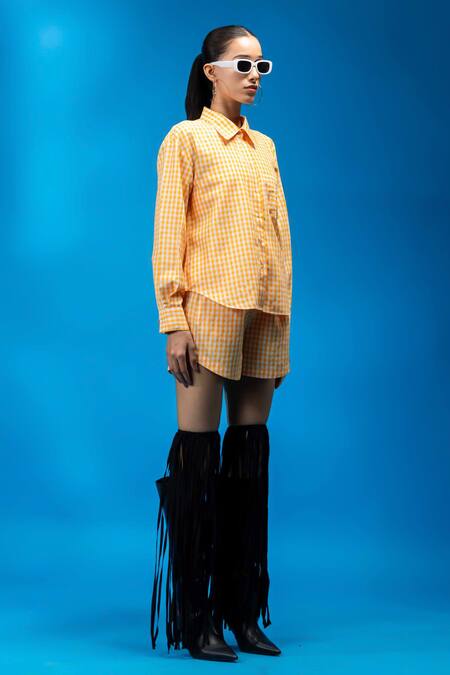 Angsa By Nidhir & Shelly Orange Cotton Embroidery Collared Check Turtle Shirt Online at Aza Fashions Angsa By Nidhir & Shelly_Orange Cotton Embroidery Collared Check Turtle Shirt _Online_at_Aza_Fashions