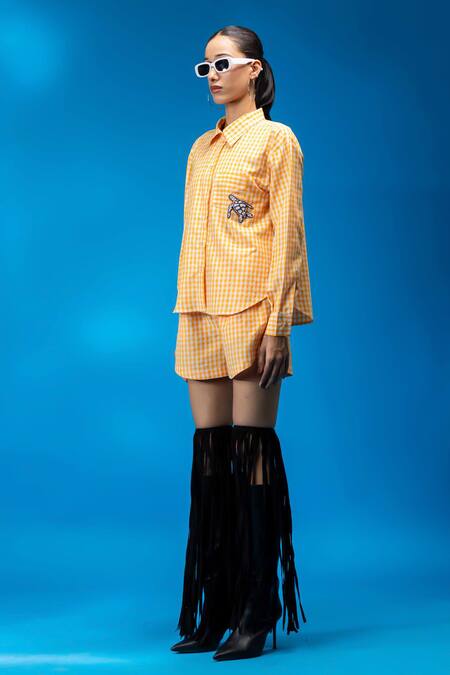 Buy Angsa By Nidhir & Shelly Orange Cotton Embroidery Collared Check Turtle Shirt Online at Aza Fashions Buy_Angsa By Nidhir & Shelly_Orange Cotton Embroidery Collared Check Turtle Shirt _Online_at_Aza_Fashions
