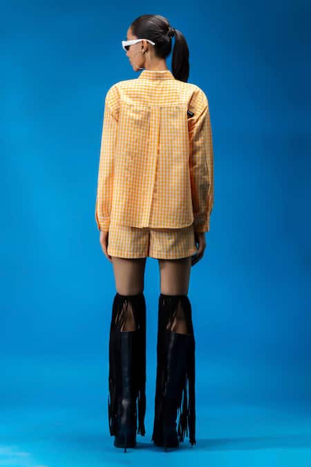 Angsa By Nidhir & Shelly Check Turtle Embroidered Orange Shirt 