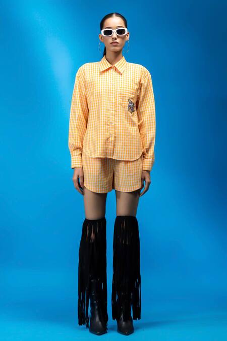 Shop Angsa By Nidhir & Shelly Orange Cotton Embroidery Collared Check Turtle Shirt Online at Aza Fashions Shop_Angsa By Nidhir & Shelly_Orange Cotton Embroidery Collared Check Turtle Shirt _Online_at_Aza_Fashions