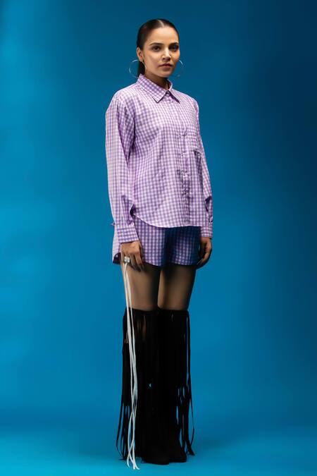 Buy Angsa By Nidhir & Shelly Lilac Cotton, Viscose Embroidery Collared Check Relaxed Fit Shirt Online at Aza Fashions Buy_Angsa By Nidhir & Shelly_Lilac Cotton, Viscose Embroidery Collared Check Relaxed Fit Shirt _Online_at_Aza_Fashions