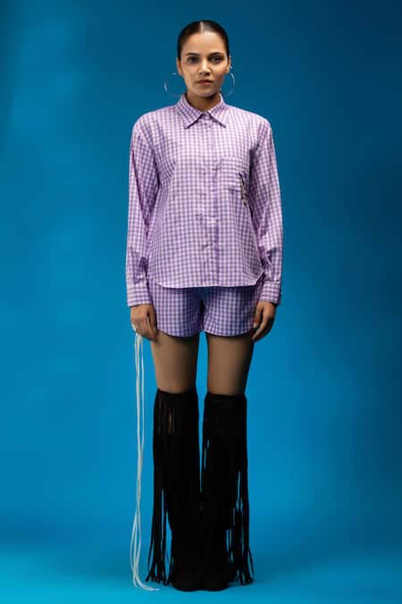 Shop Angsa By Nidhir & Shelly Lilac Cotton, Viscose Embroidery Collared Check Relaxed Fit Shirt Online at Aza Fashions Shop_Angsa By Nidhir & Shelly_Lilac Cotton, Viscose Embroidery Collared Check Relaxed Fit Shirt _Online_at_Aza_Fashions