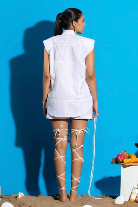 Angsa By Nidhir & Shelly White Cotton Padded Shirt with Sea Motifs 